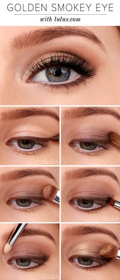 Lulus How-To: Golden Smokey Eyeshadow Tutorial - Lulus.com Fashion Blog Smokey Eyeshadow Tutorial, Golden Smokey Eye, Simple Wedding Makeup, Eyeshadow Tutorial For Beginners, Gold Eyeliner, Best Makeup Tutorials, Trendy Eyeshadow, Smokey Eyeshadow, Smokey Eye Tutorial