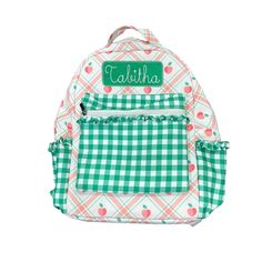 ALL SALES FINAL. No Refunds/Exchanges on Warehouse Sale items.Get ready to turn heads with the Peaches Plaid Ruffle Backpack! Sweeten up your school style with this girly accessory. Keep your belongings organized and make a statement at the same time. Perfect for the playful and stylish student. Large exterior pocket 2 exterior side pockets Large inside pocket Full size: 16 x 13 x 3.5 Care Instructions: Hand wash Spot Clean Lay flat to dry Cute School Backpack With Pockets, Cute Green Backpack For Students, Cute Green Student Backpack, Preppy Pink Bags For School, Preppy Pink Bag For School, Green Preppy School Bag, Preppy Pink School Bag, Cute School Backpack With Adjustable Strap, Preppy Backpack For Back To School