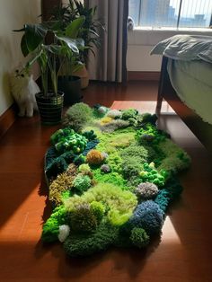 a bed room with a rug made to look like broccoli on the floor