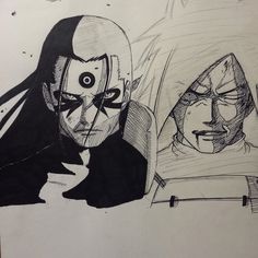 two sketches of the same character, one with an evil look on his face and one with