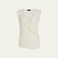 Theory shell with draped-front bodice. Surplice neckline. Sleeveless. Relaxed silhouette. Pullover style. Silk. Unlined. Imported. Sleeveless Silk Top With Ruched Detail, Sleeveless Silk Ruched Top, Sleeveless Ruched Silk Top, Elegant Sleeveless Ruched Tops, Formal Sleeveless Ruched Top, Fitted Pre-draped Tops For Formal Occasions, Elegant Drapey Sleeveless Top, Elegant Fitted Asymmetrical Tank Top, Elegant Asymmetrical Drapey Tops