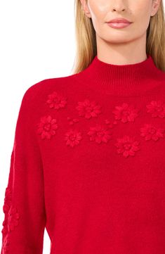 Tonal floral embroidery dances across this cozy mock-neck sweater knit with wide sleeves that add to the boho vibes. 23" length (size Medium) Mock neck Long sleeves 73% acrylic, 24% polyester, 3% spandex Hand wash, dry flat Imported Embroidery Sweater, Mock Neck Sweater, Boho Vibe, Wide Sleeves, Sweater Knit, Red Sweaters, Floral Embroidery, Neck Sweater, Mock Neck