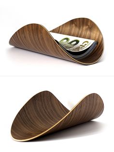 two images of a wooden object with money in it's holder and another photo of the same object