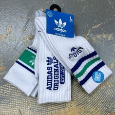 Selling A 3 Pack Of Adidas Originals Cotton Crew Socks Design In White With Blue And Green. Large (9-12) Msrp $22 Click Add To Bundlebelow To Receive An Offer! Combine Items And Save On Shipping! White Sports Socks For Winter, White Sporty Winter Socks, White Sporty Socks For Winter, Casual White Socks With Three Stripes, Sporty Blue Socks For Winter, Casual Cotton Sports Socks, White Winter Sports Socks, Casual White Knee-high Sports Socks, White Casual Socks With Three Stripes