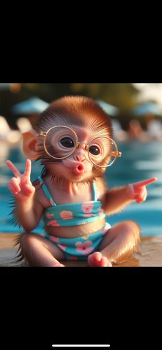 a monkey wearing glasses sitting on top of a pool