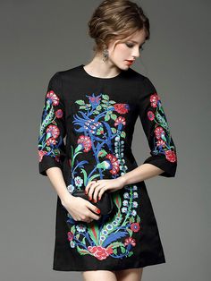 Black Round Neck Length Sleeve Embroidered Pockets Dress Latest Street Fashion, Slim Fit Dresses, Slim Dresses, Pocket Dress, Embroidered Dress