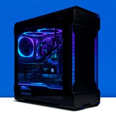 a black computer case with purple and blue lights on the side against a blue background