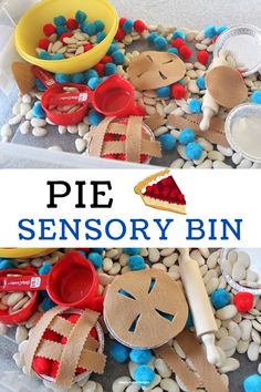 fall sensory play idea, pie sensory bin for thanksgiving Cooking Sensory Bin, Bakery Sensory Bin, Pumpkin Pie Sensory Bin, Baking Sensory Bin, Thanksgiving Sensory Bin Preschool, Thanksgiving Sensory Bin, Pie Sensory Bin, Thanksgiving Preschool Activities, Thanksgiving Sensory