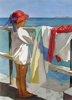 a painting of a woman standing on a pier with her clothes hanging out to dry