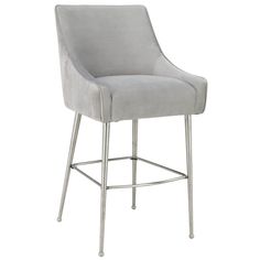 a grey velvet bar stool with metal legs and an upholstered back, viewed from the front