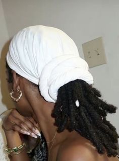 Locs In Scarf, Professional Loc Hairstyles, Loc Updo With Bangs, Locs And Bandanas, Beanie With Locs, Loc Accessories Black Women, Locs And Headwraps, Head Wrap Styles For Locs, Loc Head Wrap Styles