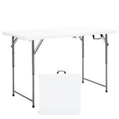 a white table with two folding legs and a clipboard on the bottom one side