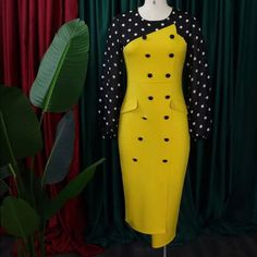 Yellow Dress With Long Polkadot Sleeves Elegant Yellow Long Sleeve Bodycon Dress, Yellow Knee-length Office Dress, Elegant Yellow Office Dress, Elegant Yellow Dress For Work, Elegant Yellow Mini Dress For Work, Yellow Bodycon Dress For Fall, Yellow Sheath Midi Dress For Work, Fitted Yellow Dress For Work, Yellow Knee-length Midi Dress For Work