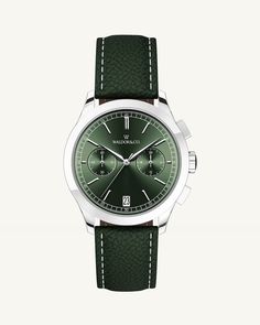 A round mens watch in rhodium-plated silver from Waldor & Co. with green sunray dial and genuine green leather strap. A second hand. Seiko movement. The model is Chrono 39 Sardinia 39mm. Square Watches, Watch Green, Timeless Watches, Leather Box, Rich Green, Silver Gifts, Sardinia, Automatic Watch, Green Leather