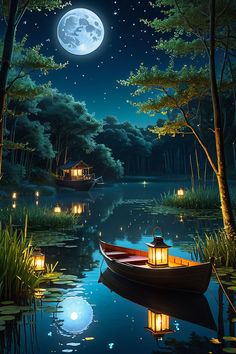 a boat floating on top of a lake under a full moon filled sky with lights