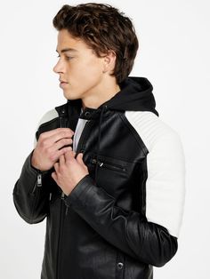 David Hooded Moto Jacket | GUESS Factory Leather Jacket With Hood, Bare Necessities, Trending Today, Leather Jacket Men, Moto Jacket, Jet Black, Unique Vintage, Coats Jackets, Leather Jacket