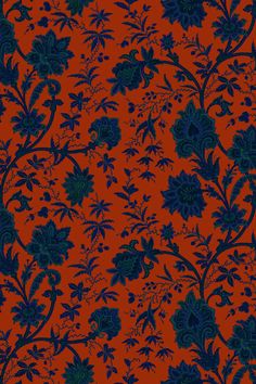 an orange background with blue flowers and leaves on the bottom half of it, which is very dark red