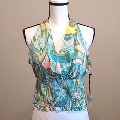 Cute Summer Halter Sexy Top. Women Large. Green, Yellow, Pink, Turquoise Color Swirls. New Wth Tags. I Have Many More Items Like This & In This Size In My Other Listings. Check Out My Closet!! Get A Discount On A Multiple (More Than 1 Item) Purchase & Pay Only 1 Price On Shipping! Fitted Multicolor V-neck Halter Top, Chic Multicolor Fitted Halter Top, Multicolor V-neck Halter Top For Spring, Multicolor Halter Neck Top For Party, Flirty Fitted Tops For Beach, Flirty Fitted Top For The Beach, Fitted Summer Party Blouse, Flirty Camisole Top For Beach, Flirty Camisole Top For Vacation