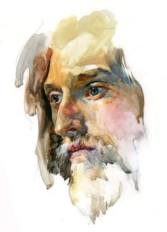 a watercolor painting of a man's face with white hair and beards