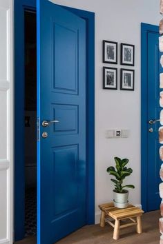 a blue door in a white room with pictures on the wall and potted plant