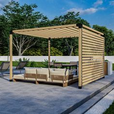 an outdoor living area with couches, tables and a pergolated gazebo