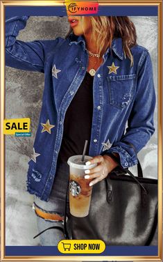 Blue Star Embroidery Distressed Denim Jacket Casual Denim Jacket With Star Print For Spring, Casual Star Print Denim Jacket For Spring, Blue Star Print Outerwear For Fall, Denim Outerwear With Star Print For Spring, Trendy Denim Jacket With Star Print For Spring, Casual Denim Jacket With Star Print For Winter, Fall Denim Jacket With Star Patch And Long Sleeves, Fall Denim Jacket With Star Patch, Casual Winter Denim Jacket With Star Print