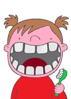 a cartoon character holding a toothbrush with its mouth wide open and it's teeth showing