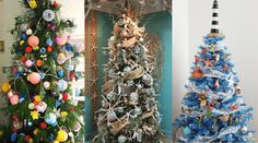 three different types of christmas trees in various colors and sizes, all decorated with ornaments