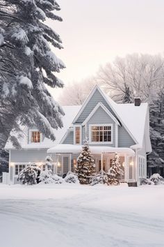 a house is covered in snow with christmas lights on the windows and trees around it