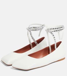 Ane Embellished Leather Ballet Flats in White - Amina Muaddi | Mytheresa Luxury Pink Closed Toe Ballet Flats, Amina Muaddi Shoes, Ballet Shoes Flat, Ankle Strap Flats, Amina Muaddi, Leather Ballet Flats, White Flats, Wide Brimmed Hats, Ballet Flat Shoes