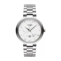 Vitae London Women's Elmington Stainless Steel Bracelet Watch 36mm Product Details Pairing Minimalist Design With Stylish Modernity, Vitae London's Elmington Watch Is Subtle Yet Sophisticated. Style #120 Movement: Quartz Case: Round; 36mm Strap: Stainless Steel Bracelet Closure: Deployant Clasp Dial: Marble With Date Window & Crystal Indices Water Resistant: To 50 Meters Warranty: 2-Year Limited White Chronograph Watch Accessories In Stainless Steel, White Timeless Watch Accessories With Metal Dial, White Stainless Steel Chronograph Watch Accessories, Classic White Diamond Watch In Stainless Steel, Classic White Diamond Watch With Metal Dial, White Stainless Steel Watches With Subdials, White Stainless Steel Chronograph Watch, Timeless White Stainless Steel Watch Accessories, Elegant White Stainless Steel Watch Accessories