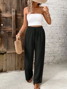 Women's Solid Color Casual Straight-Leg Pants Black Casual   Woven Fabric Plain Straight Leg Non-Stretch  Women Clothing, size features are:Bust: ,Length: ,Sleeve Length: Elegant Dresses Long, Women Pants, Wide Pants, Kids Sleepwear, Kids Beachwear, Pants Black, Black Casual, Elegant Dress, Straight Leg Pants