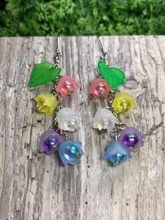 Bigender Pride Shimmer Lily Of The Valley-Inspired Floral Dangle Earrings Adjustable Multicolor Whimsical Flower Earrings, Whimsical Multicolor Flower Charm Earrings, Whimsical Multicolor Dangle Flower Earrings, Asymmetrical Earrings, Make Pictures, Custom Earrings, Ear Hook, Floral Earrings, Golden Color