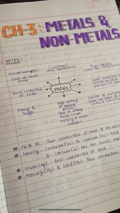 a piece of paper with writing on it that says ch - 3, metals and nonmetals