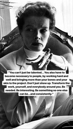 a woman sitting in a chair with her hand on her neck and the words you can't just be talented, you always have to become necessary