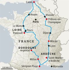 a map showing the route for france