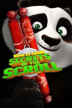 a panda bear holding two red crayons with the words secrets of the scroll