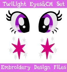 an eye with stars on it and the text twilight eyes & cm set embroidery design files