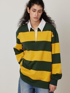 Cut from soft cotton fabric, this casual rugby t-shirt has sporty open collar design and wide stripe pattern throughout. Wear yours alone, or layer with various items.  - Intended for a loose fit- Comfortable dropped shoulders- Color-trimmed collar detail- Ribbed finishes at cuffs- Versatile styling and easy layering Rugby Sweater, Wide Stripes, Collar Tshirt, Aesthetic Photos, Collar Designs, Rugby Shirt, Aesthetic Photo, Stripes Pattern, Rugby