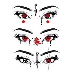 the eyes and eyebrows of an anime character are drawn in black ink with red eyeliners