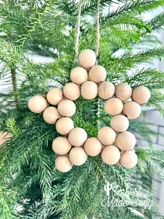 an ornament made out of eggs hanging from a christmas tree with pine needles