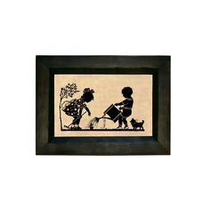 a black and white drawing of two children playing with a dog