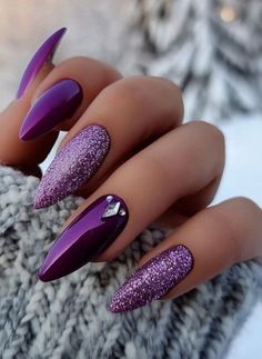 Nails To Match A Purple Dress, Gillter Nails Design, Purple November Nails, Plum Sparkle Nails, Purple Christmas Nails Winter, Taylor Swift Lavender Haze Nails, Almond Nails Designs January, Purple Formal Nails, Purple Pointy Nails