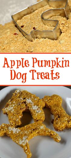 apple pumpkin dog treats on a white plate with cookie cutters in the background and title