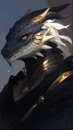 the head of a black dragon with white and gold feathers on it's face