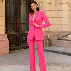 Step into power dressing with our chic and sophisticated women's suit, designed to make a statement at any formal occasion. Featuring a sharply tailored fitted blazer and stylish bell-bottomed trousers, this ensemble comes in two striking colors--raspberry for a pop of vibrance and classic black for timeless elegance.        Tailored for a flattering fit, complete with a classic notch collar and a single-breasted design that sharpens any look.         Fashion-forward flared legs designed to elon Womens Suits, Power Dressing, Notch Collar, Fitted Blazer, Elegant Woman, Formal Occasion, Formal Event, Suits For Women, Classic Black