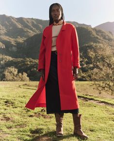 The Trapunto Trench Coat. -- Hot Red – The Great. Emily And Meritt, Wing Shoes, Red Wing Shoes, Bedding Plants, Red Hot, Cinched Waist, Mid Calf, Clothing Brand, Trench Coat