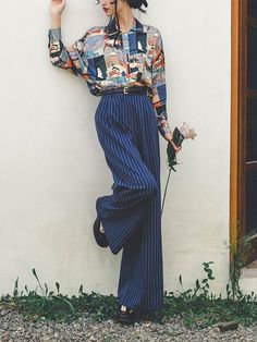 This price is for a pair of pants only. Shorts / Pants Details:Button Closure and Zip Fly / Slant Front Pockets / Wide-leg Cut  	 		 			Size 			S 			M 			L 		 		 			Waist 			66 			70 			74 		 		 			Hips 			108 			112 			116 		 		 			Full Length 			102 			105 			108 Blue Striped Pants Outfit, Stripe Pants Outfit, Drawing Retro, Artsy Outfit, Striped Wide Leg Pants, Summer Inspo, High Waist Fashion, Cartoon Drawing, Spring Women