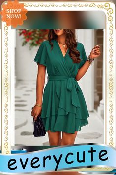 Green Woven V Neck Ruffle Hem A-line Mini Dress Neck Ruffle, Mini Dresses, Women Dresses, Ruffle Hem, Dresses Mini, A Line, Mini Dress, V Neck, Womens Dresses