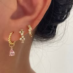 Dainty Pink Earrings, Cute Gold Dangle Earrings, Pink And Gold Earring Stack, Pink Earring Stack, Earring Stack Gold, Pink Piercings, Dainty Earring Stack, Gold Earring Stack, 3 Ear Piercings